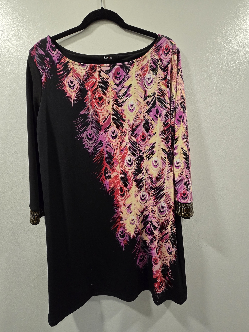 Style & Co. Black Tunic with Pink, Purple & Yellow Feather Print Size L